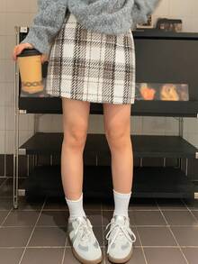 DAZY 女式格纹印花优雅时尚A字裙，秋冬 - 白色 - 查看 3