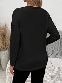 SHEIN Maternity Letter Print Round Neck Long Sleeve Casual Nursing Top Mama Shirt Pregnancy Shirts Breastfeeding Shirt Maternity Shirts - Black - View 2