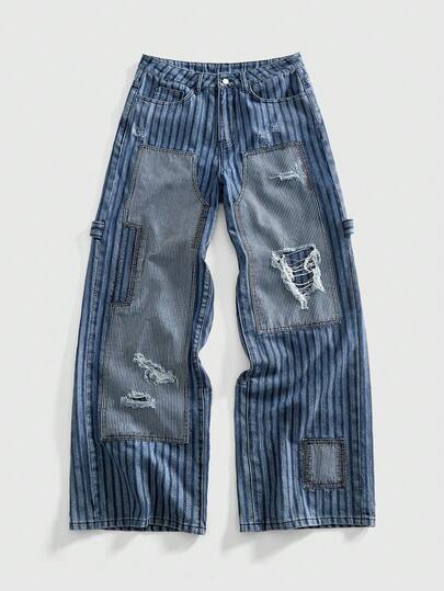 Grunge Punk Jeans larges décontractés de mode de rue pour hommes, avec patchwork, imprimé rayé et délavé