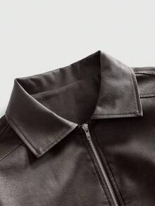 ROMWE MEN Casual Men's Fashionable Figure Print Lapel PU Jacket, Autumn - Brown - View 3