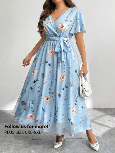 Firerie Plus Size Summer Loose V-Neck Asymmetric Hem Random Print Open Slit Belted Ladies Dress,Beach Dress Sundress,Holiday Outfits Boho Spring