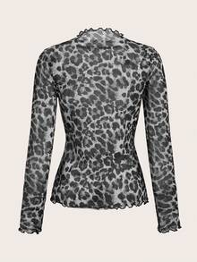 Ellevyn Women's Elegant Sexy Leopard Print Mesh Fitted Blouse - Black and White - View 2