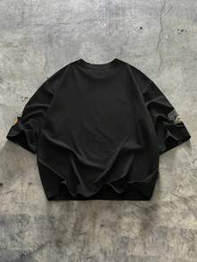 AXEPEAK 常规款男士黑色字母印花休闲短款 T 恤，夏季 - 黑色 - 查看 2