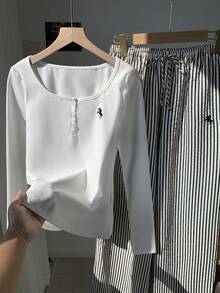 Comfortcana 2025 New Fall And Winter Women's Casual Embroidered Detail Button-Up Top And Striped Pants 2 Pieces Set, Autumn White Set Beach Outfits For Women Thanksgiving Outfit For Women New Year Women's Clothes Christmas Outfit For Women