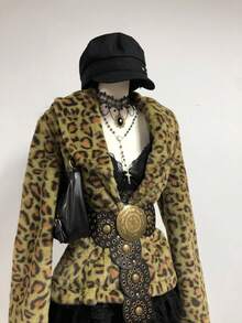 SHEIN Unity Women's New Autumn/Winter Leopard Print Lapel Cardigan Rabbit Fur Coat, Vintage Style - Army Green - View 6