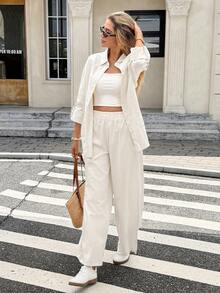 Serisse 女式度假休闲纯色衬衫和裤子两件套 - 杏色 - 查看 8