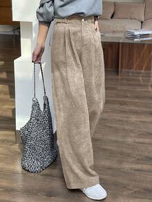 DAZY Women's Loose Corduroy Wide Leg Pants With Pockets - Apricot - View 3