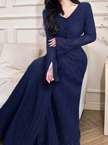 Feyla Casual Jacquard V-Neck Long Sleeve Women Dress Long Sleeve Blue Dress Navy Blue Women Dress Dark Blue Dress French Style Dress - Navy Blue - View 1