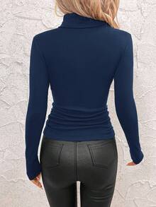 SHEIN Clasi 女式立领收腰羊毛保暖T恤 - 藍色 - 查看 2