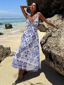 Swim Vcay Vestido largo de verano con tirantes finos y espalda descubierta con estampado, vestido casual tipo pareo para cubrir traje de baño, escote en V