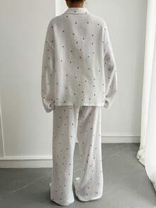 Livesso 2pcs Women Heart Pattern Collar Loungewear Set, Autumn/Winter