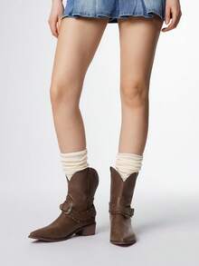 Styleloop 女式深色朋克哥特靴、棕色刺绣西部高筒靴（侧拉链）、厚底牛仔靴、Y2K 系带机车靴、一脚蹬弹性及膝靴、中筒靴 - 棕色 - 查看 2