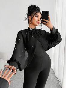 Elenzga Conjunto de dos piezas de talla grande para mujer, compuesto por una blusa de cuello alto ajustada con parches de malla y cuentas, emparejada con pantalones holgados de pierna acampanada, un conjunto elegante y sofisticado cómodo para uso diario y fiestas - Negro - Ver 6
