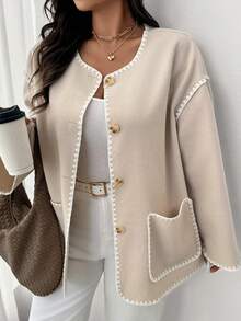 Firerie Women Plus Size Dropped Shoulder Long Sleeve Loose Casual Color Block Trim Jacket, Suitable For Autumn/Winter