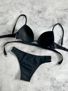 Swim Vcay 1 buah Set Bikini Seksi Leher V Hitam dengan Cup Tetap - Hitam - View 2