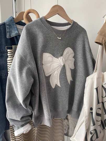 Franclia Plus Size Women Casual Loose Fit Crew Neck Long Sleeve Bow Decor Sweatshirt, Autumn/Winter