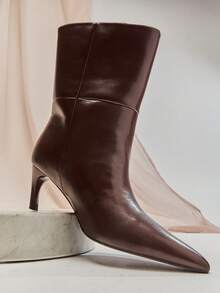 SHUZIA Botas elegantes y sexys de tacón de gatito de punta fina y elegantes hasta la pantorrilla para mujeres - Marrón - Ver 2
