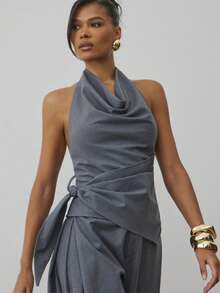 Hauture 女士休闲基本款日常和办公室秋冬仿羊毛围脖领露背上衣 - 灰色 - 查看 4