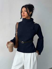 Elenzga Khaki Elegant Flared Sleeve Niche Design Collar, Paired With Brown Metal Fashionable Belt, Women Sweater For Autumn/Winter - Blue - View 6