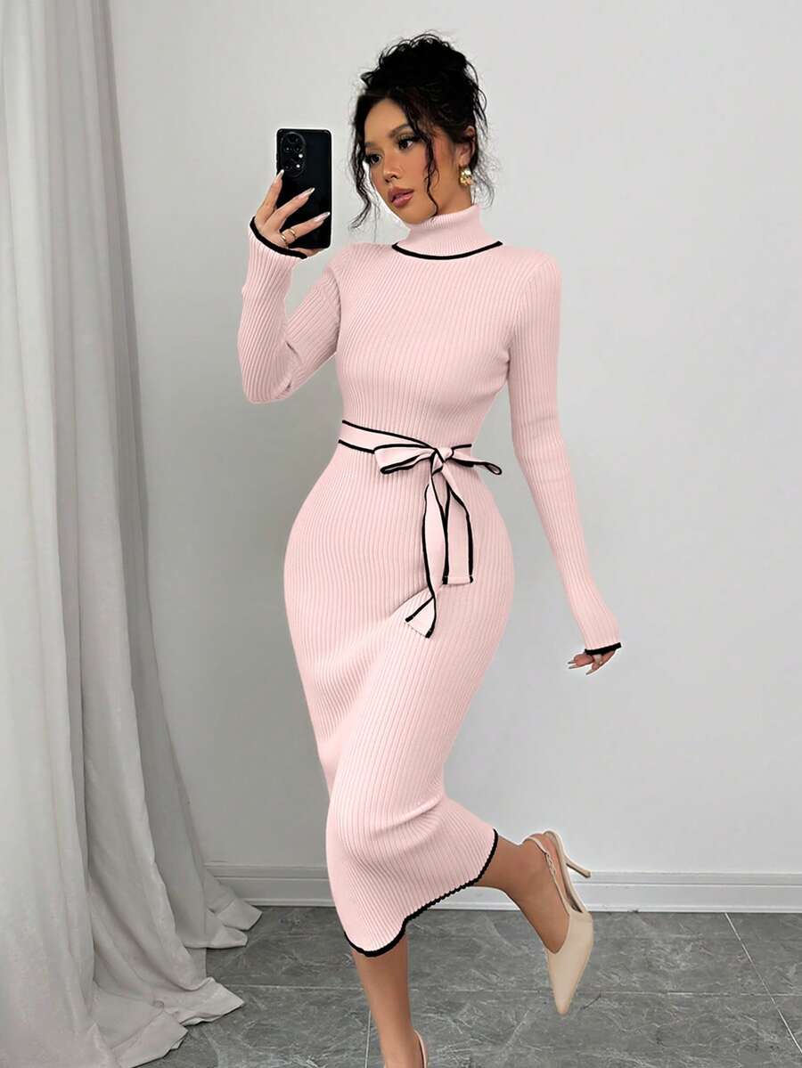 SHEIN Clasi 女式优雅高领修身罗纹蝴蝶结毛衣裙 - 粉色 - 查看 1