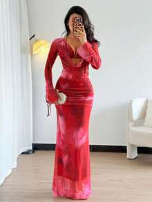 Rafferiza Damen tief ausgeschnittenes figurbetontes Maxikleid mit Blume Muster und rückenfreiem Rücken - Rot - Übersicht 3