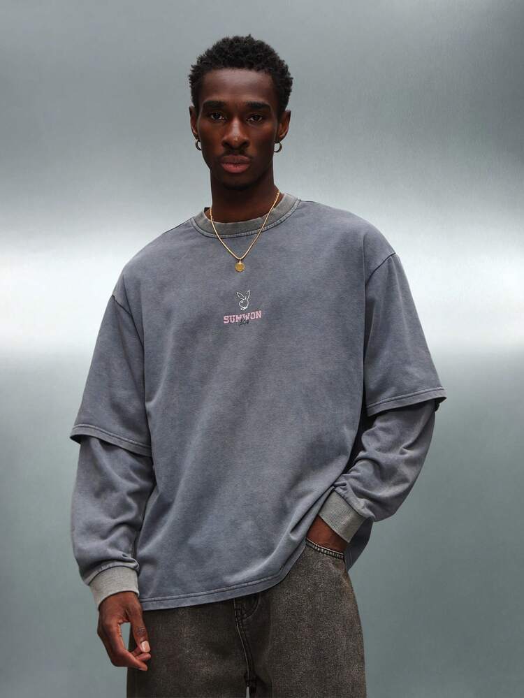 PLAYBOY X SUMWON Men Oversized Layered Sleeve Graphic Tee Chicago Crewneck T-Shirt Vintage Streetwear Top