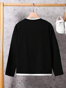 1 件男童休闲套头圆领长袖 T 恤，撞色领口和下摆设计，低调高端细节，舒适面料，适合夏季和秋季 - 黑色 - 查看 2