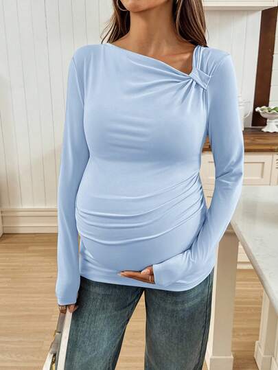 SHEIN Maternity Casual Commuter Solid Color Asymmetric Collar T-Shirt, Autumn Nursing Top Maternity Tops Baby Blue Top Women Nursing Shirts For Breastfeeding Blue Long Sleeve Top
