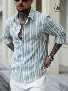 Manfinity CasualCool Áo sơ mi nam tay dài họa tiết sọc màu đơn giản, mặc đi làm hàng ngày, mùa xuân/thu - Nhiều màu - Xem 3