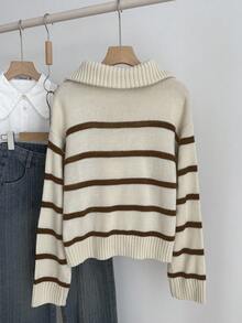 SHEIN Teen Girls' Brown & White Striped Casual School Navy Collar Pullover Long Sleeve Sweater Top, Suitable For Autumn/Winter, Clean Girl, Back To School Season