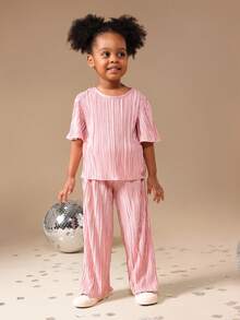 SUMWON Girls Plisse Flutter Sleeve Two Piece Coordinated Set Summer Party Outfit Textured Co-Ord - Baby Pink - View 7