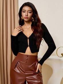 Lyxana Women's Sexy V-Neck Fitted Long Sleeve Solid Color Cardigan - Black - View 1