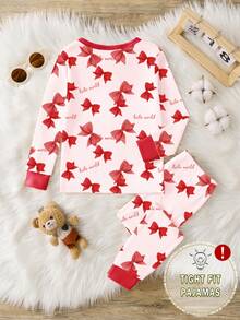 1set Baby Girls' Pink Bow & Letter Print Crew Neck Long Sleeve Snug Fit Pajama Set, Suitable For Christmas Gift