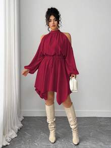 Elenzga Plus Size Women's Solid Color New Arrival Ruched Halterneck Long Sleeve Round Neck Elastic Waist Asymmetrical Hem Lantern Sleeve Bowknot Date Night Elegant Sophisticated Casual Loose Halter Minimalist Chic Street Style Romantic Graceful Autumn Dress - Burgundy - View 6