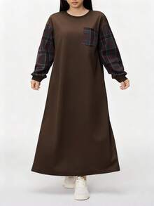 Modelyn Women's Casual Plaid Patchwork Long Dress, Autumn/Winter - Coffee Brown - View 6