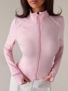 SHEIN BAE Sporty Chic Contrast Color Zip Up Fitted Yoga Jacket, Elegant Design For Workout, Daily Life & Casual Wear - Baby Pink - View 4