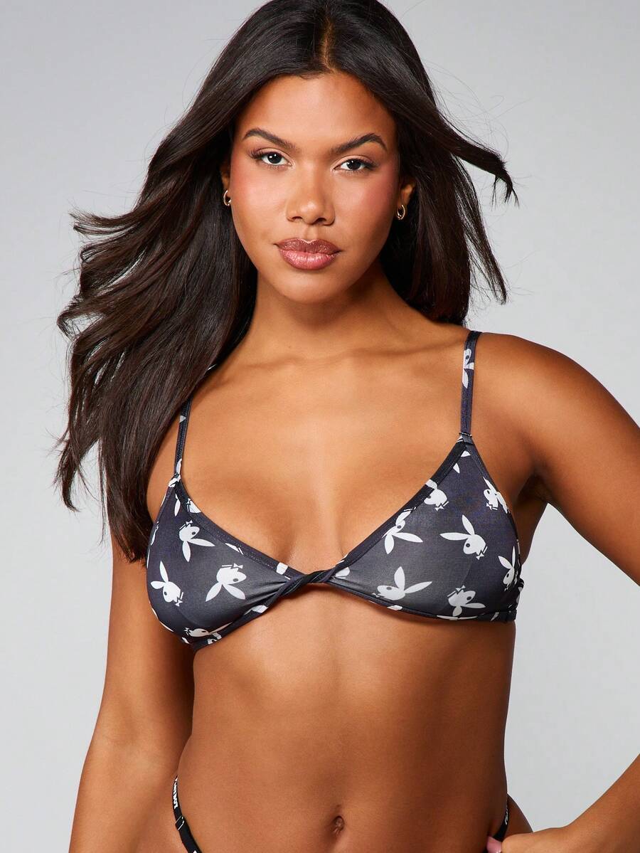 Missguided x Playboy 兔子印花三角形 Bralette 软杯无钢圈贴身内衣 - 黑與白 - 查看 1