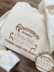 INAWLY Letter & Gingerbread Embroidered Crew Neck Long Sleeve Pullover Sweatshirt - Apricot - View 3