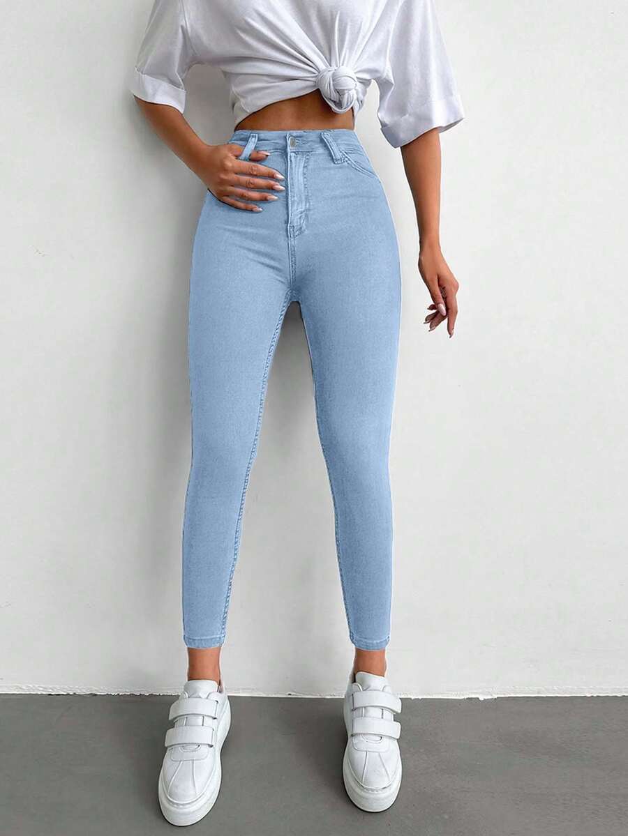 EURMUSE 96% Cotton High Waist Skinny Cropped Jeans - Baby Blue - View 1
