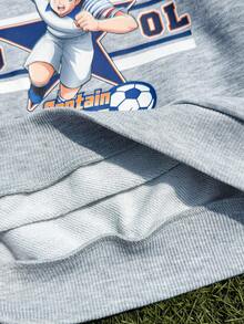 Captain Tsubasa X SHEIN Young Boy Sports Casual Football Player & Letter Graphic Round Neck Drop Shoulder Long Sleeve Knit Sweatshirt, Gray - Grey - View 7