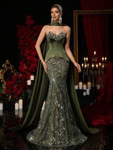 Glamrae 优雅奢华刺绣珍珠蕾丝性感无肩带美人鱼礼服，配有可拆卸挂脖，适合婚礼、活动、派对、度假、盛会、正式场合（装饰繁复）、情人节等场合。 - 軍綠色 - 查看 8