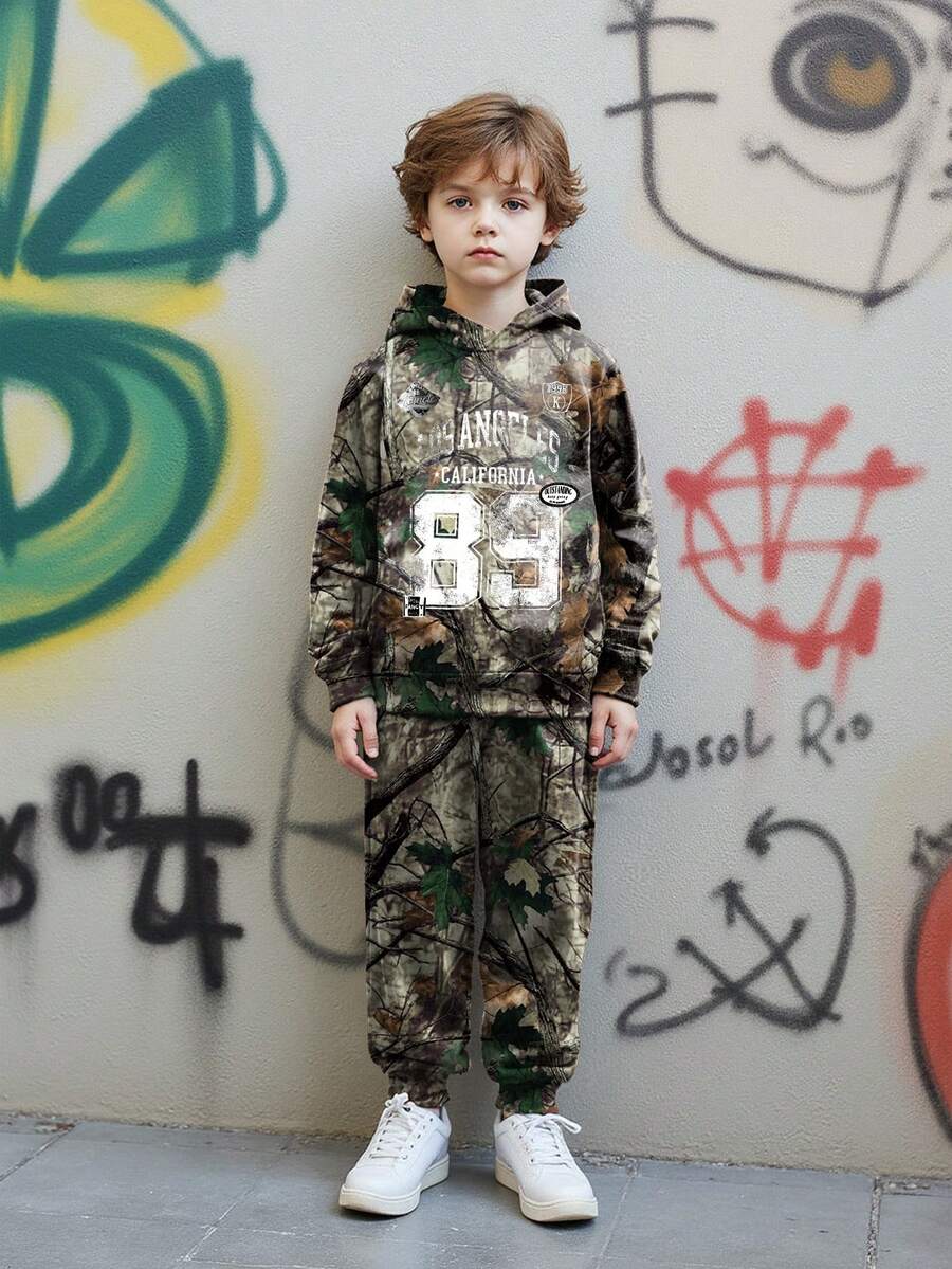 2pcs/Set Young Boy Leaf & Camouflage Print Hoodie Sweatshirt And Pants Outfit, Casual Sports Streetwear, Suitable For Autumn/Winter