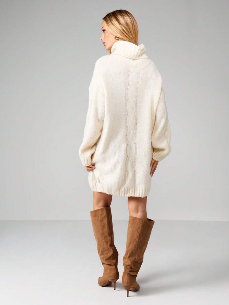 MISSGUIDED Oversized Cable Knit Turtleneck Sweater Dress Long Sleeve Winter Cozy Pullover Mini Dress