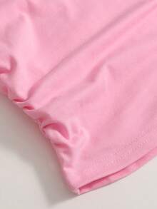 SHEIN Girlism Camiseta con diseño fruncido y coletero para niñas preadolescentes, moda casual versátil para uso diario - Rosa Pálido - Ver 3