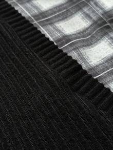 Sunspun Fall Autumn And Winter Plus Size Women Brushed Ribbed Plaid Patchwork Slim Fit Casual Commuter Top - Black - View 7