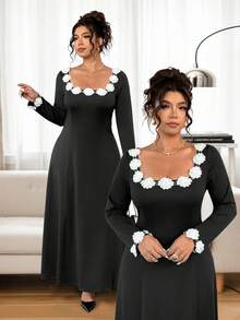 Elenzga Plus Size Crew Neck Floral Decor Waist Cinched A-Line Long Sleeve Dress, Elegant For Outings, Dates, And Gatherings - Black - View 7