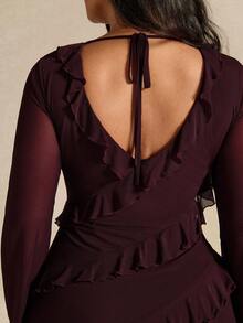 SHEIN BAE Vestido de manga larga con abertura y volantes en color morado berenjena para mujer de talla grande - Morado - Ver 6