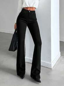 ZIRRA 女式休闲高腰喇叭腿纯色牛仔裤 - 黑色 - 查看 5