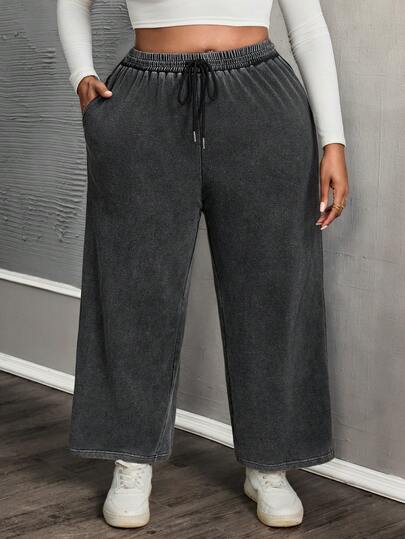 SHEIN PETITE CURVE 大码黑色休闲抽绳腰部宽松运动裤