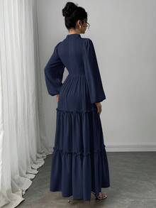 Veilorie Women's Elegant Commuter Solid Color Lantern Sleeve Dress - Royal Blue - View 2